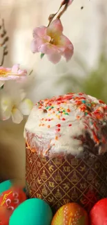 Easter cake with floral decor and colorful eggs.