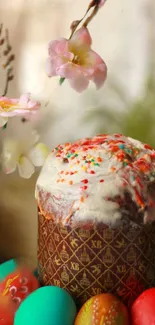 Easter cake with floral accents and colorful eggs.