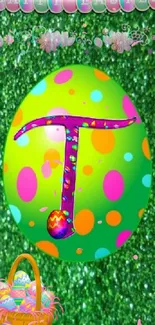 Colorful Easter egg wallpaper with green background.