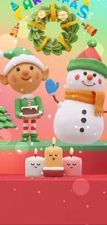 Festive mobile wallpaper with elf and snowman in bright colors.