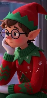 Festive elf wearing a red sweater and green hat, sitting in a cartoon style.