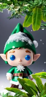 Cartoon elf in green outfit with snowy background on mobile wallpaper.