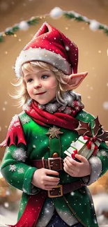 Festive elf holding gift in snowy Christmas scene.