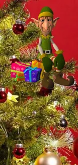 Elf sitting on Christmas tree with gifts and ornaments, set on a red background.