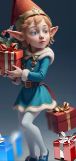 Festive elf holding colorful gift boxes against a teal background.