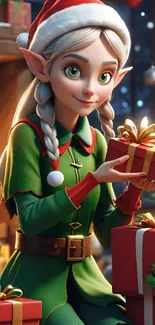 Elf with gifts by a fireplace in a festive setting.