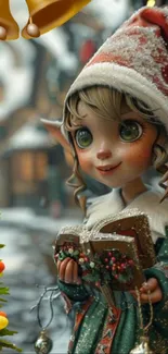 Festive elf in winter wonderland with Christmas decorations.