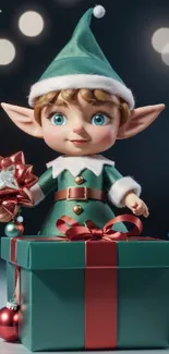 Festive elf standing on a gift box with holiday decorations.