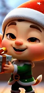 Smiling festive elf holding a present.