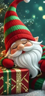 Adorable Christmas elf with gift in festive setting.