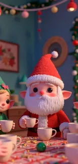 Adorable festive elves enjoying hot cocoa together.