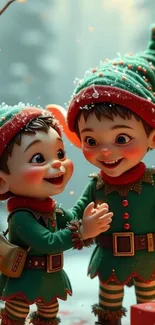 Festive elves in a holiday scene celebrating with joy.