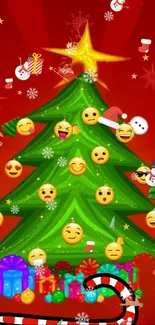 Festive Christmas tree with emojis on a red background, perfect for holiday cheer.