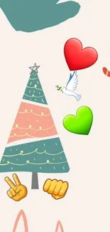 Festive Christmas wallpaper with emojis, tree, hearts, and dove symbol.