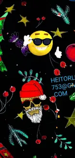 Christmas-themed wallpaper with emojis and festive decorations on a black background.