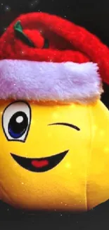 Yellow emoji with Santa hat, winking and smiling.