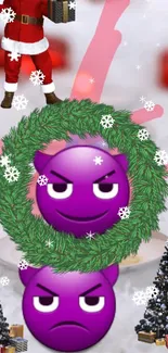 Festive wallpaper with purple emojis, Christmas wreaths, and holiday decorations.