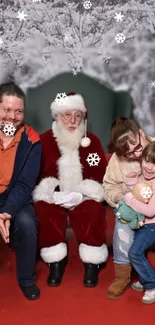 Family with Santa Claus amidst festive decorations.