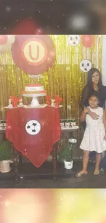 Family celebration with cake and party decorations in a festive setting.