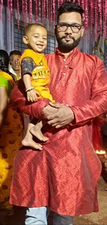 A vibrant festive gathering scene with family in traditional attire.