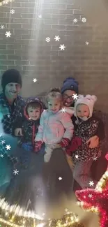 Family posing with snowy effects and festive lights, creating a winter ambiance.