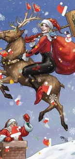 Festive character rides reindeer in snowy landscape.