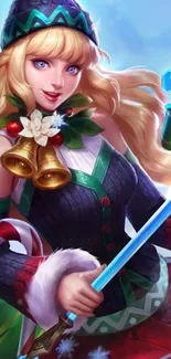 Festive character with bells and candy cane, holding a magical staff in blue tones.