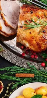 A sumptuous festive feast with turkey roast and fresh vegetables.