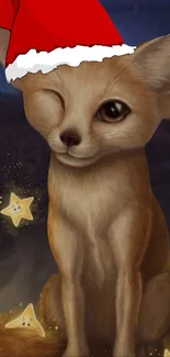 Fennec fox with Santa hat on a starry night background.