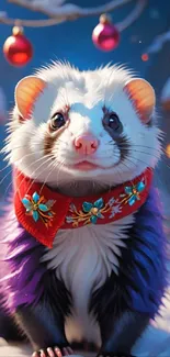 Festive ferret in purple scarf in a snowy village.