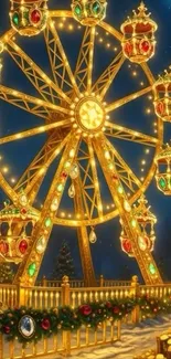 A festive ferris wheel with bright lights against a starry night sky.