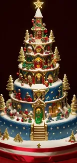 A whimsical Christmas cake wallpaper with festive figurines and gold accents.