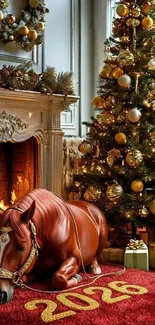 Festive room with fireplace, tree, and 2024 decor.