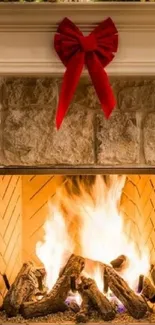 Cozy Christmas fireplace with festive decorations and stockings.