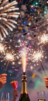 Hands holding sparklers amid colorful fireworks and champagne bottles.