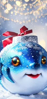 Festive blue fish with gift bow and snowflakes in a wintry setting.