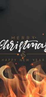 Merry Christmas wallpaper with flames and elegant font on black background.