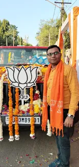 Festive car with marigold garland and orange decorations in India.