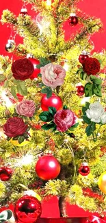 Festive Christmas tree with roses on a red background.