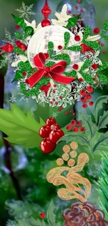 Festive Christmas wallpaper with holly, berries, and evergreen decor.