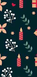 Festive phone wallpaper with flowers, gifts, and candles on a dark background.