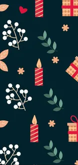 Festive floral and gift pattern on a dark blue wallpaper.