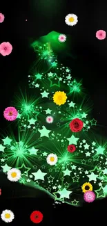 Festive mobile wallpaper with a sparkling green tree and colorful flowers.