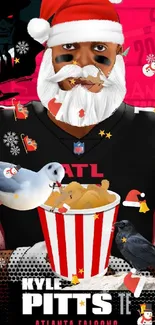 Illustrated football player in festive attire with Santa hat.