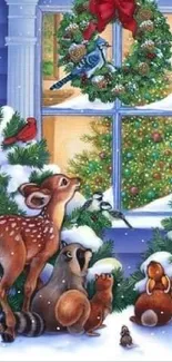 Adorable forest animals in a festive Christmas setting with snow and decorations.