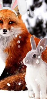 Festive fox with bunny ears and a rabbit in snow.