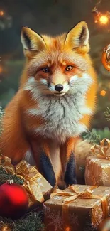 A fox surrounded by festive Christmas decorations.