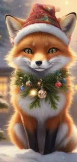 Cute fox with holiday decor in snow.