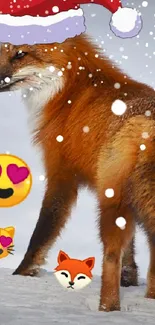 Festive fox with Santa hat in winter scene with emojis.