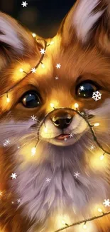 Festive fox wrapped in glowing fairy lights with snowflake accents.